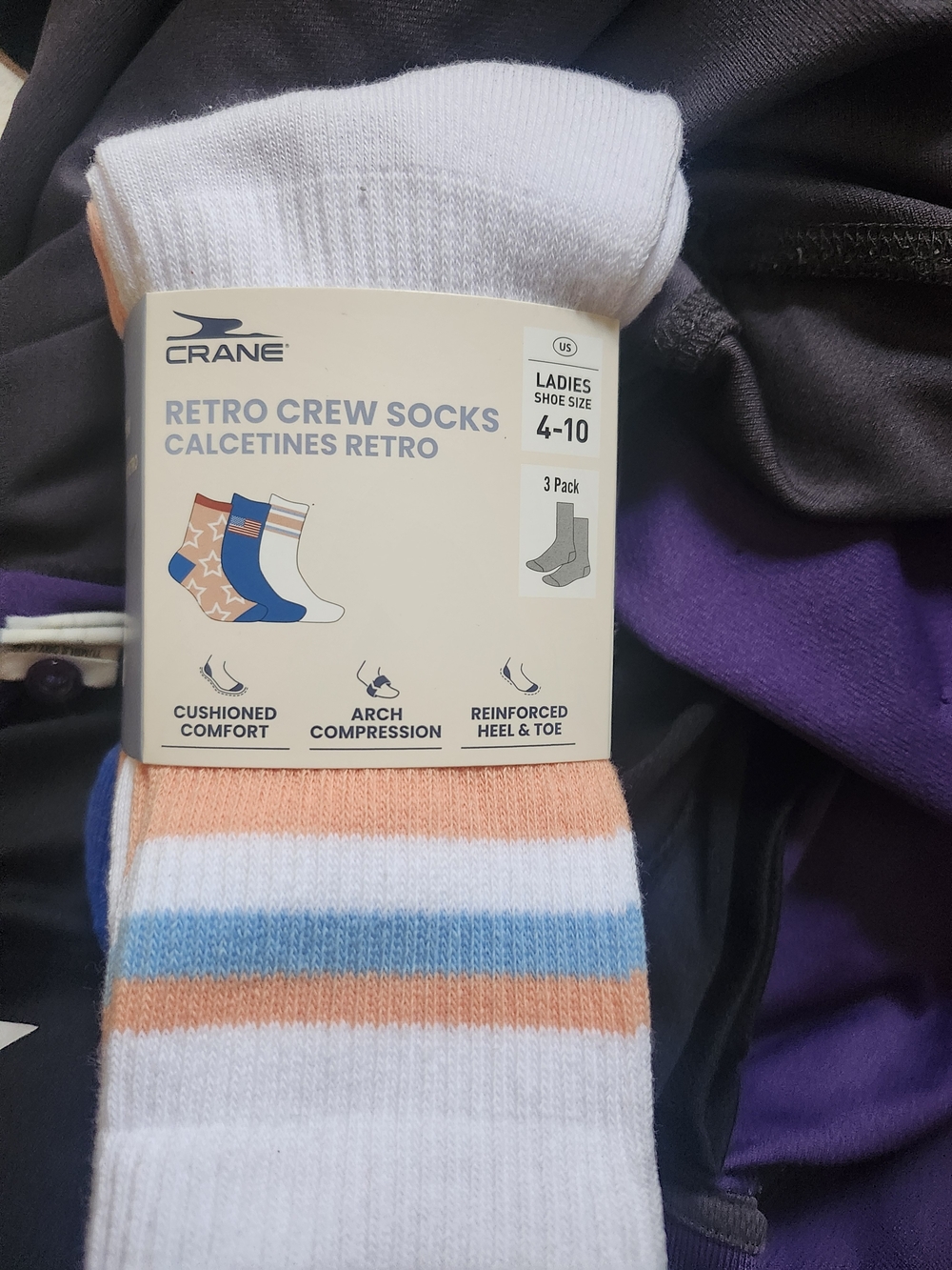 Crane Ladies Retro Crew Socks - White with Peach & Light Blue Stripes